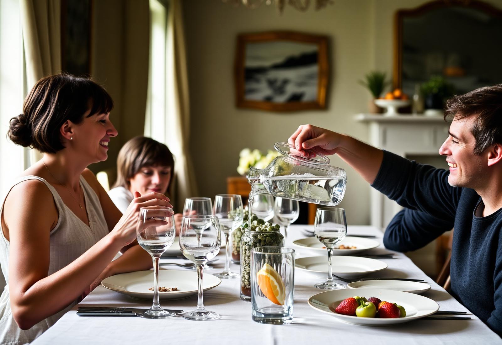 Famille à table partageant une carafe d'eau filtrée Purefiltre