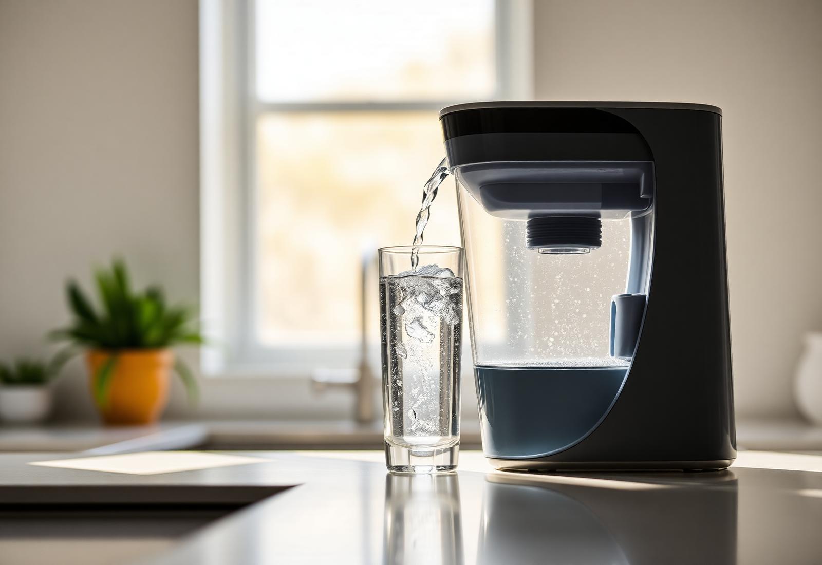 Filtre à eau Purefiltre versant de l'eau pure dans un verre
