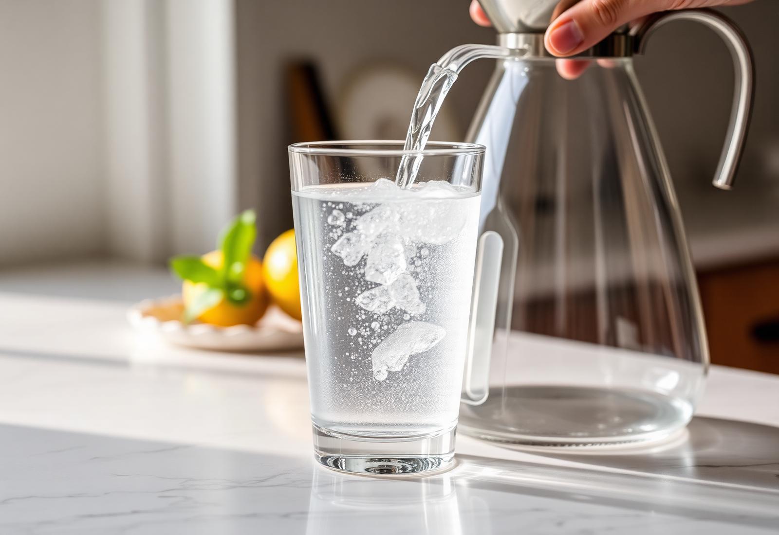 Verre d'eau filtrée versée depuis une carafe Purefiltre